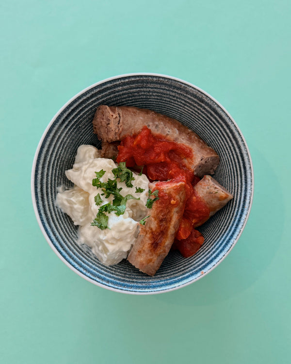 Boerewors with Tomato Relish & Potato Salad